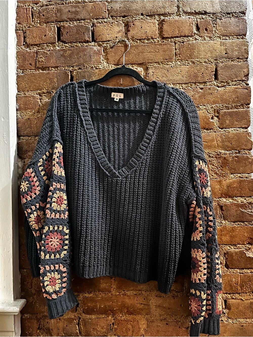 POL Charcoal V-Neck Sweater with Multicolor Crochet Sleeves
